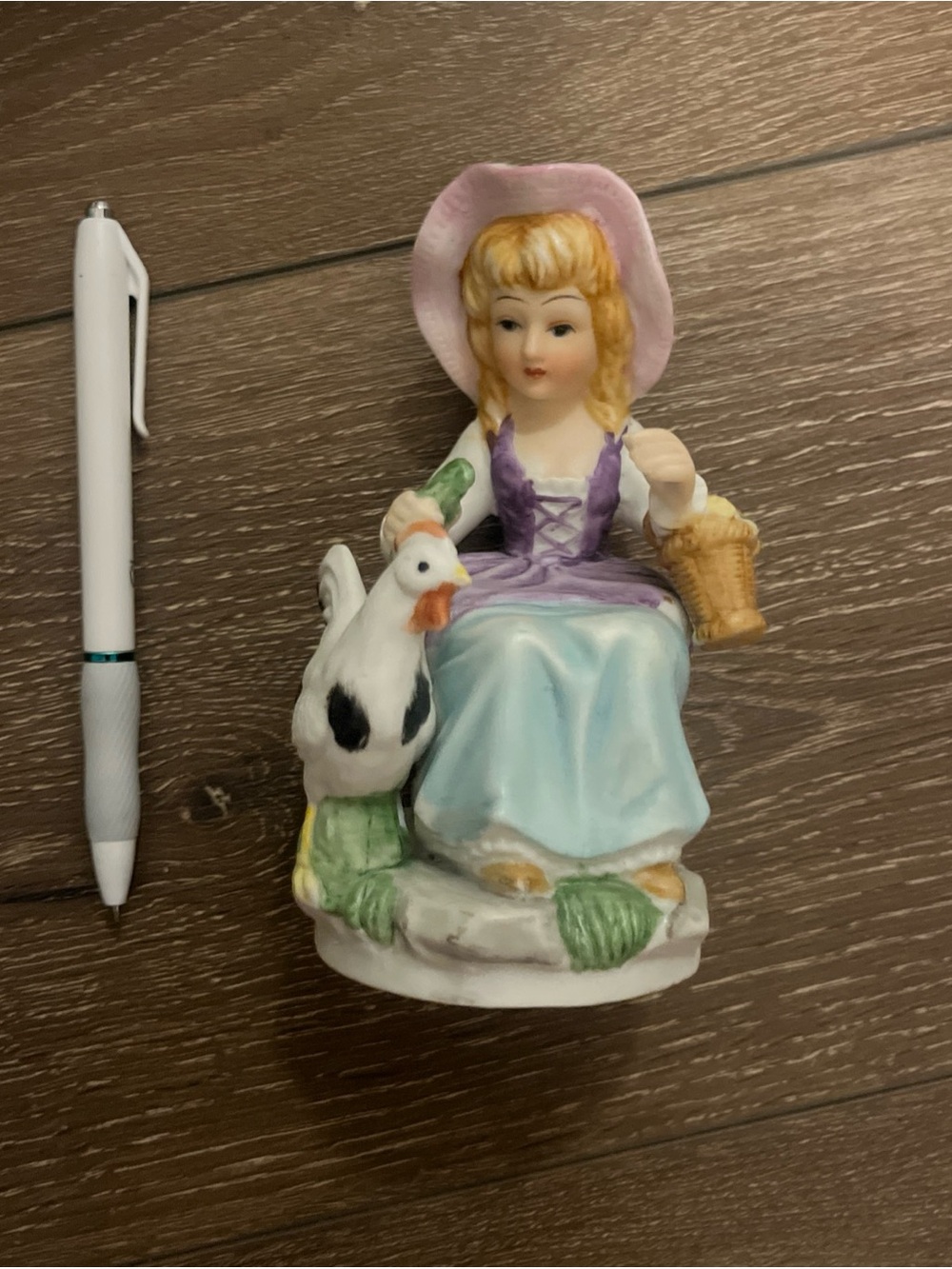 Homco Porcelain Girl with Chicken Figurine - Pastel Pink, Purple & Blue